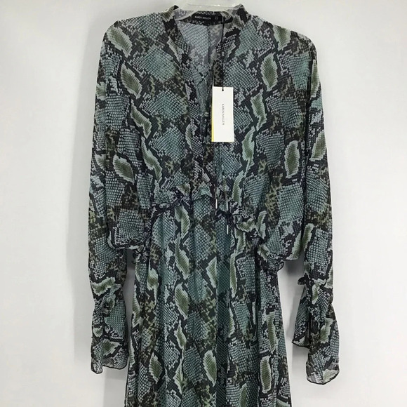 Karen Millen Snake Print Ruffle Bell Sleeve Midi Dress Green/Black NWT Size 14 - Picture 4 of 11
